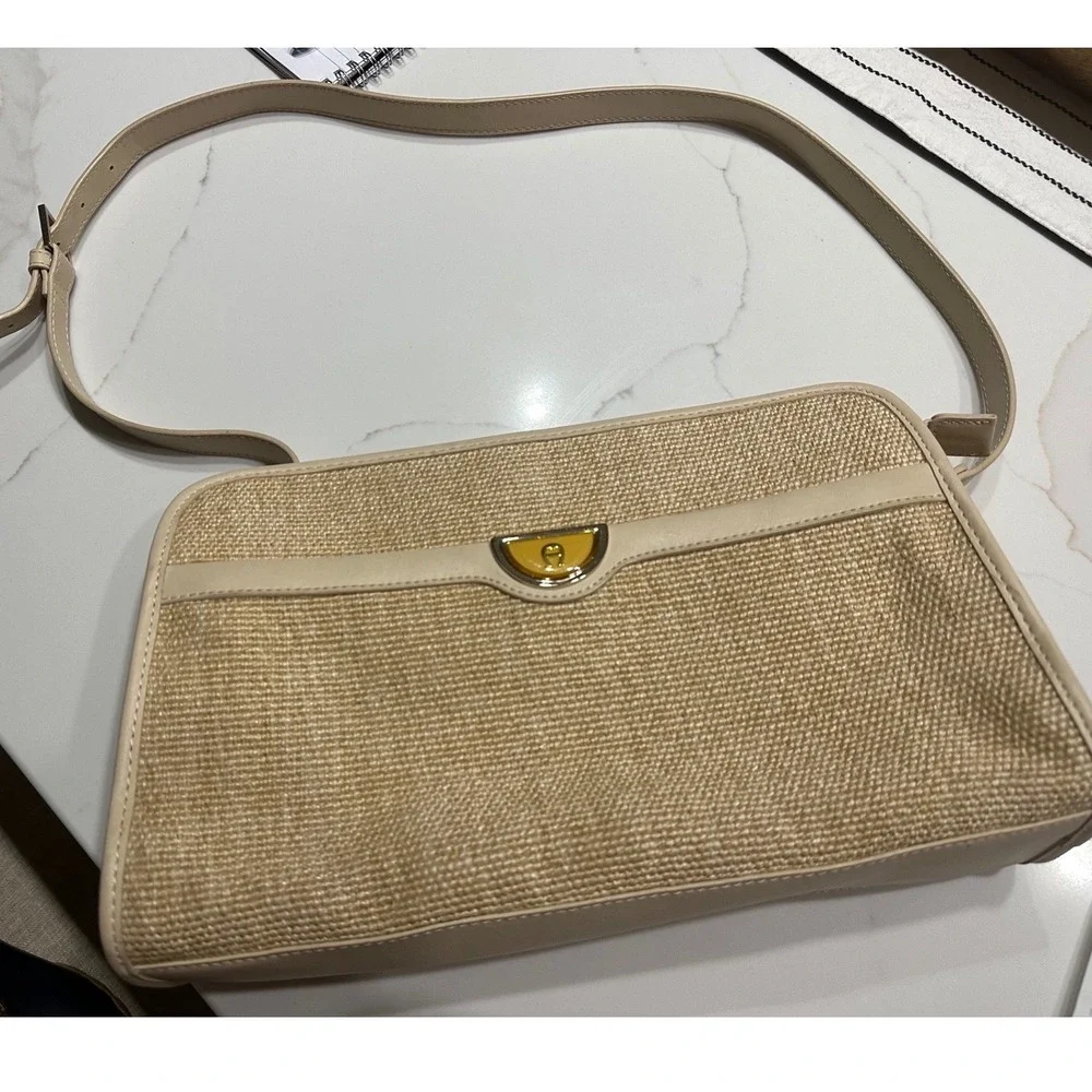 Etienne Aigner‎ Straw Leather Trim Crossbody Bag Beige Gold Logo Est 1949